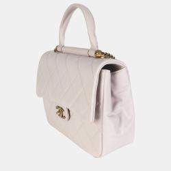 Pre Owned Chanel Light Pink Quilted Glazed Calfskin Medium Gold Bar Top Handle Flap Bag
