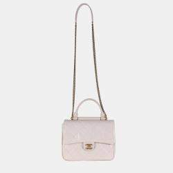 Pre Owned Chanel Light Pink Quilted Glazed Calfskin Medium Gold Bar Top Handle Flap Bag