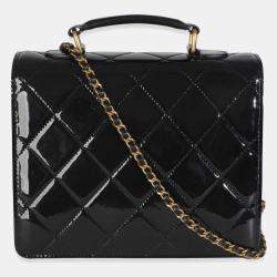 Pre Owned Chanel 23A Black Quilted Patent Accordion Pushlock Top Handle Flap Bag