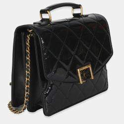Pre Owned Chanel 23A Black Quilted Patent Accordion Pushlock Top Handle Flap Bag