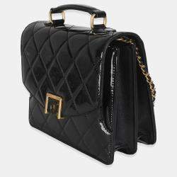 Pre Owned Chanel 23A Black Quilted Patent Accordion Pushlock Top Handle Flap Bag