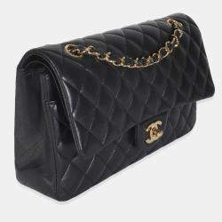 Pre Owned حقيبة شانيل سوداء مبطن جلد خروف وسط كلاسيك دبل رفرف
