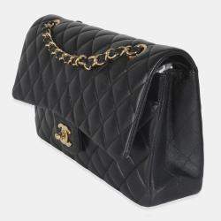 Pre Owned حقيبة شانيل سوداء مبطن جلد خروف وسط كلاسيك دبل رفرف