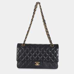 Pre Owned حقيبة شانيل سوداء مبطن جلد خروف وسط كلاسيك دبل رفرف