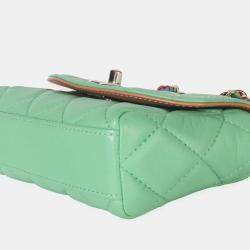 Pre Owned Chanel Quilted Ribbon Chain Flap Mini Green Lambskin Leather Bag