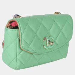 Pre Owned Chanel Quilted Ribbon Chain Flap Mini Green Lambskin Leather Bag