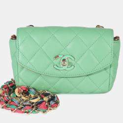Pre Owned Chanel Quilted Ribbon Chain Flap Mini Green Lambskin Leather Bag