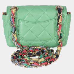 Pre Owned Chanel Quilted Ribbon Chain Flap Mini Green Lambskin Leather Bag