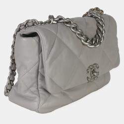 Pre Owned Chanel Grey Shiny Quilted Lambskin Large Chanel 19 Flap Bag