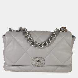 Pre Owned Chanel Grey Shiny Quilted Lambskin Large Chanel 19 Flap Bag