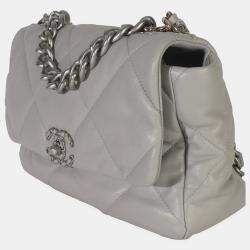 Pre Owned Chanel Grey Shiny Quilted Lambskin Large Chanel 19 Flap Bag
