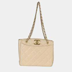 Pre Owned Chanel Vintage Beige Quilted Lambskin CC Shoulder Tote