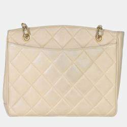 Pre Owned Chanel Vintage Beige Quilted Lambskin CC Shoulder Tote
