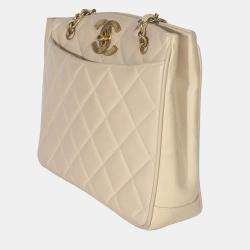 Pre Owned Chanel Vintage Beige Quilted Lambskin CC Shoulder Tote