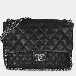 Pre Owned Chanel Black Quilted Washed Lambskin Chain Around Maxi Flap Bag