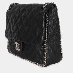 Pre Owned Chanel Black Quilted Washed Lambskin Chain Around Maxi Flap Bag