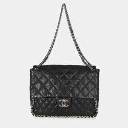 Pre Owned Chanel Black Quilted Washed Lambskin Chain Around Maxi Flap Bag