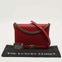 Pre Owned Chanel Boy Large Red Quilted Caviar Leather Flap Bag