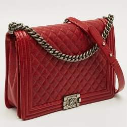 Pre Owned Chanel Boy Large Red Quilted Caviar Leather Flap Bag