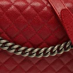 Pre Owned Chanel Boy Large Red Quilted Caviar Leather Flap Bag