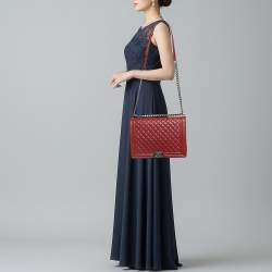 Pre Owned Chanel Boy Large Red Quilted Caviar Leather Flap Bag