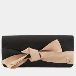 Pre Owned Chanel Black Satin Bow Flap Clutch