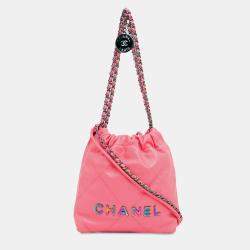 Pre Owned Chanel Pink Mini Shiny Calfskin Rainbow Hardware 22 Handbag