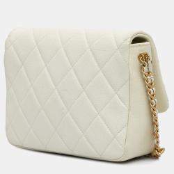 Pre Owned Chanel White Small Quilted Caviar Chain Melody Flap