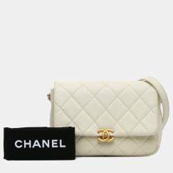 Pre Owned Chanel White Small Quilted Caviar Chain Melody Flap