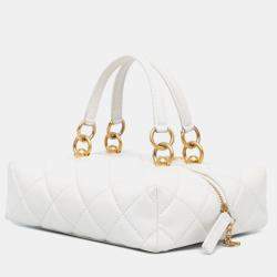 مملوكة مسبقًا حقيبة شانيل صندوق جلد الخروف الأبيض مبطن بشعار سي سي ومقبض علوي للأعمال الحرفية