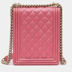 Pre Owned Chanel Pink Quilted Caviar North South Boy Flap