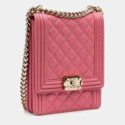 Pre Owned Chanel Pink Quilted Caviar North South Boy Flap