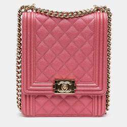 Pre Owned Chanel Pink Quilted Caviar North South Boy Flap