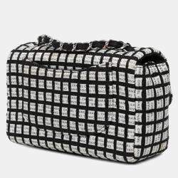 Pre Owned Chanel Black White Mini Rectangular Classic Ribbon Tweed Double Flap
