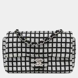 Pre Owned Chanel Black White Mini Rectangular Classic Ribbon Tweed Double Flap