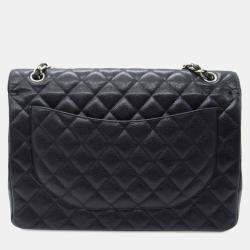 Pre Owned حقيبة شانيل كلاسيكية مزدوجة الغطاء كبيرة من جلد كافيار أسود