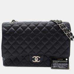 Pre Owned حقيبة شانيل كلاسيكية مزدوجة الغطاء كبيرة من جلد كافيار أسود