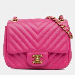 Pre Owned Chanel Pink Mini Square Classic Chevron Lambskin Single Flap