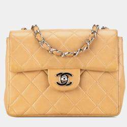 Pre Owned Chanel Brown Mini Square Classic Lambskin Single Flap