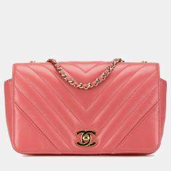 Pre Owned Chanel Pink Mini Chevron Calfskin Statement Flap