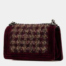 Pre Owned Chanel Red Old Medium Velvet and Tweed Boy Flap