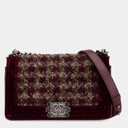 Pre Owned Chanel Red Old Medium Velvet and Tweed Boy Flap