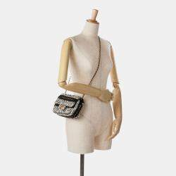 Pre Owned Chanel Black White Raffia Braided with Love Flap