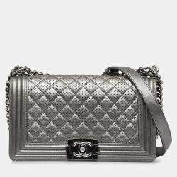 مملوكة مسبقًا Chanel Old Medium Quilted Perforated Metallic Lambskin Boy Flap