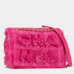 Pre Owned Chanel Pink Wool Tweed Giant Logo Flap