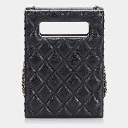 Pre Owned حقيبة سهرة شانيل سوداء ميني كافيار بسلسلة حولها مع قطع