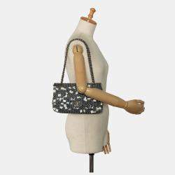 Pre Owned حقيبة شانيل متوسطة قطنية مخططة مزدوجة الرفرف زرقاء