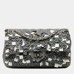 Pre Owned حقيبة شانيل متوسطة قطنية مخططة مزدوجة الرفرف زرقاء