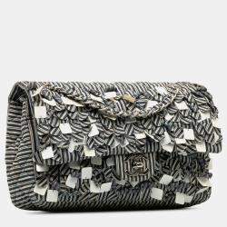 Pre Owned حقيبة شانيل متوسطة قطنية مخططة مزدوجة الرفرف زرقاء