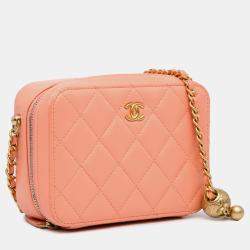 Pre Owned حقيبة كاميرا شانييل برتقالية جلد خروف مبطن لؤلؤة كروش CC